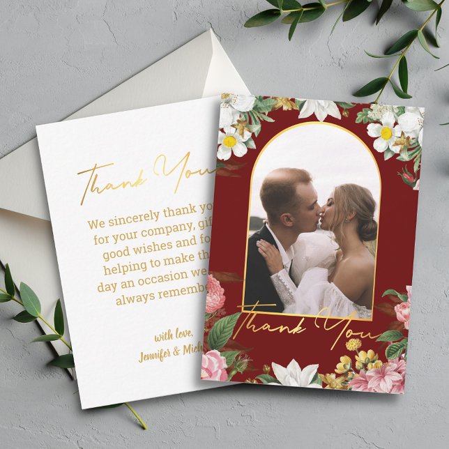  thank you floral wedding photo gold script red card (Creator Uploaded)