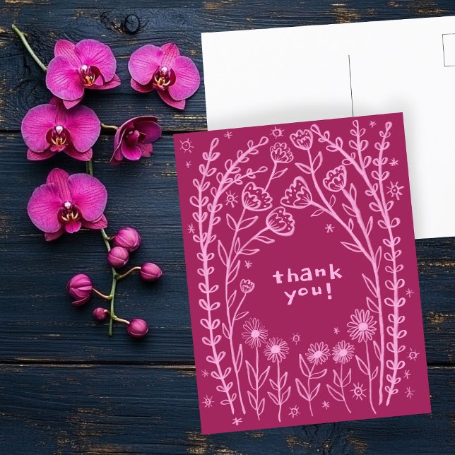 THANK YOU Floral Whimsical Sketch Doodle  Postcard (THANK YOU Floral Whimsical Sketch Doodle Postcard
)