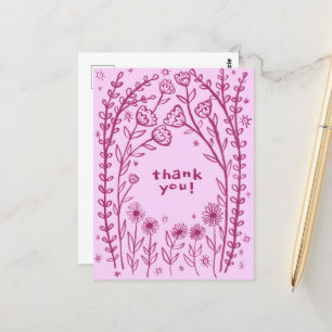 THANK YOU Floral Whimsical Sketch Doodle  Postcard