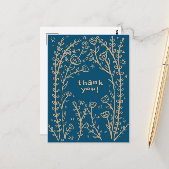 THANK YOU Floral Whimsical Sketch Doodle  Postcard (Front/Back In Situ)
