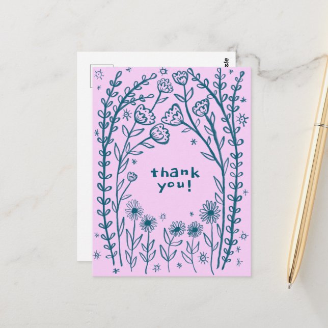 THANK YOU Floral Whimsical Sketch Doodle  Postcard (Front/Back In Situ)