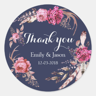 Thank you floral wreath feather wedding sticker