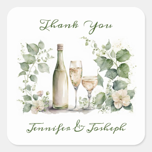 Thank You Florals With Wine Square Sticker (Front)