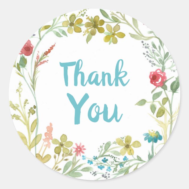 Thank You Flower Wreath Roses Wildflowers  Classic Round Sticker (Front)