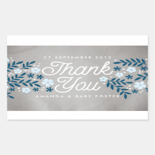 Thank You Folk Floral Blue Baby Shower Favour Rectangular Sticker