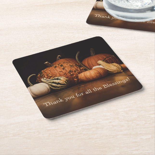 Thank You For All The Blessings | Fall Harvest Square Paper Coaster (Angled)
