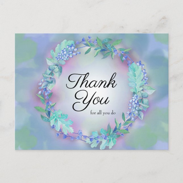 Thank You For All You Do Blue Purple Floral Wreath Postcard (Front)