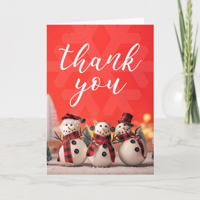 Thank You For Anyone Three Happy Snowmen on Red  Holiday Card (Front)