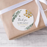 Thank you for Bee-ing here Eucalyptus Classic Round Sticker<br><div class="desc">Add these adorable stickers to your shower favours. Add your event,  name and date. Matching items in the Golden Bee and Eucalytpus Collection on the Adore Paper Co. Zazzle shop.</div>