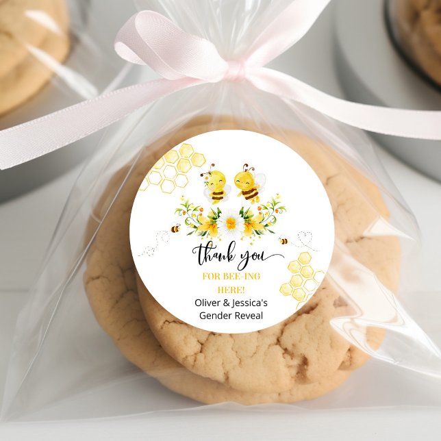 Thank you for beeing here Bee gender reveal Classic Round Sticker (Creator Uploaded)