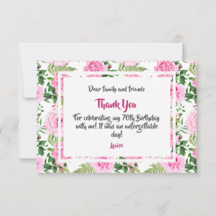 Thank You For Celebrating 70th Birthday Pink Roses Card
