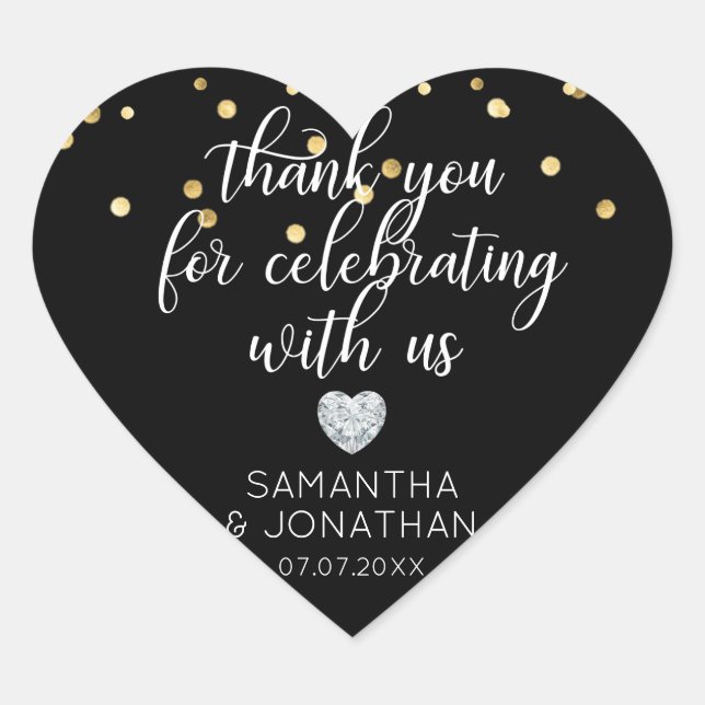 THANK YOU for Celebrating BLACK Gold Wedding Heart Sticker (Front)