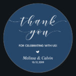 Thank you for celebrating with us, Birthday Classic Round Sticker<br><div class="desc">Thank you for celebrating with us stickers. It is a perfect sticker to used in your wedding or other celebration,  e.g.,  Birthday party,  Anniversary celebration,  Baby shower and others.
Navy Blue font</div>