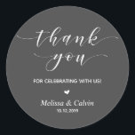 Thank you for celebrating with us, Birthday Classic Round Sticker<br><div class="desc">Thank you for celebrating with us stickers. It is a perfect sticker to used in your wedding or other celebration,  e.g.,  Birthday party,  Anniversary celebration,  Baby shower and others.
Dark Grey font</div>