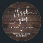 Thank you for celebrating with us, Wedding Classic Round Sticker<br><div class="desc">Thank you for celebrating with us,  Wedding Classic Round Sticker,  in cottage brown wood themed.</div>