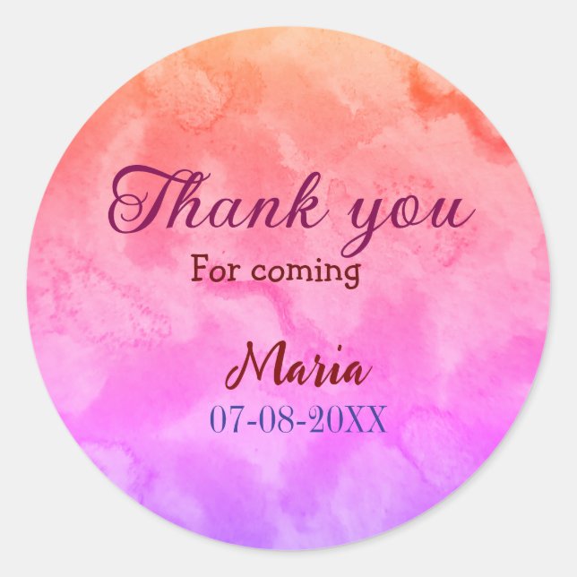 Thank you for coming birthday party add name date  classic round sticker (Front)