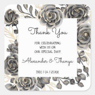 Thank You for Coming Black Roses Wedding Favour Square Sticker