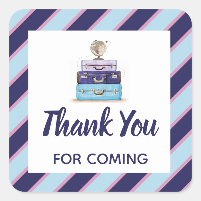 Thank you for coming blue suitcase travel shower square sticker (Front)