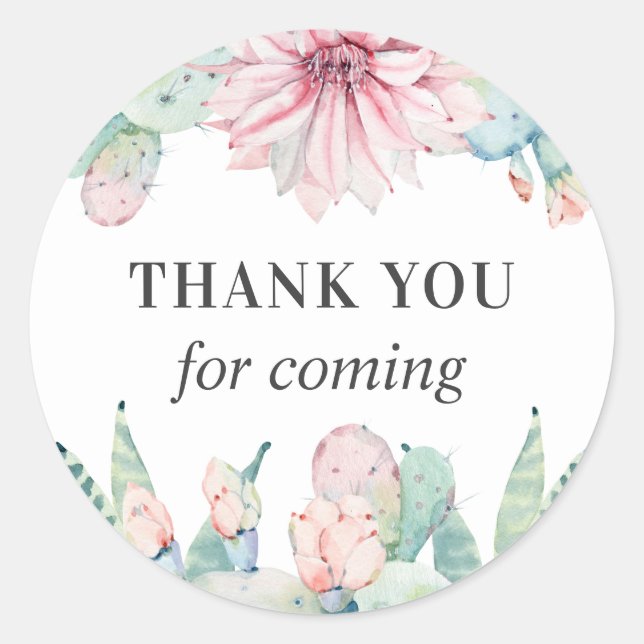 Thank you for coming. Floral cactus baby shower Classic Round Sticker (Front)