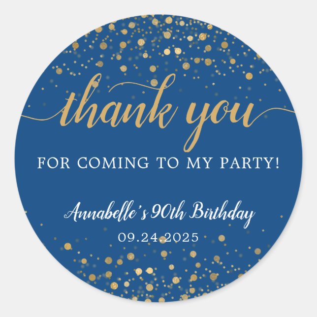 Thank You For Coming Gold Confetti Birthday Blue Classic Round Sticker (Front)