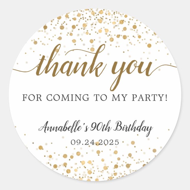 Thank You For Coming Gold Confetti Dots Birthday Classic Round Sticker (Front)