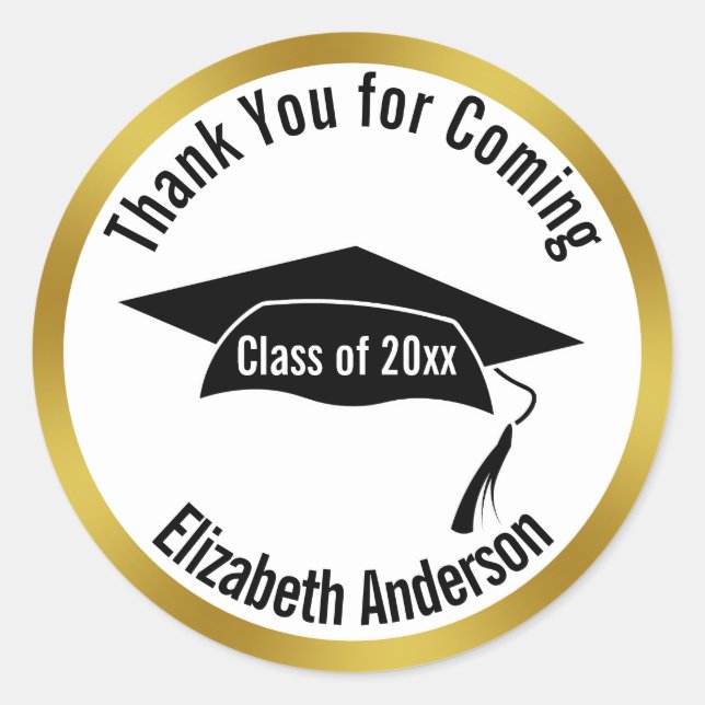 Thank You for Coming Gold White Name Graduation Classic Round Sticker (Front)