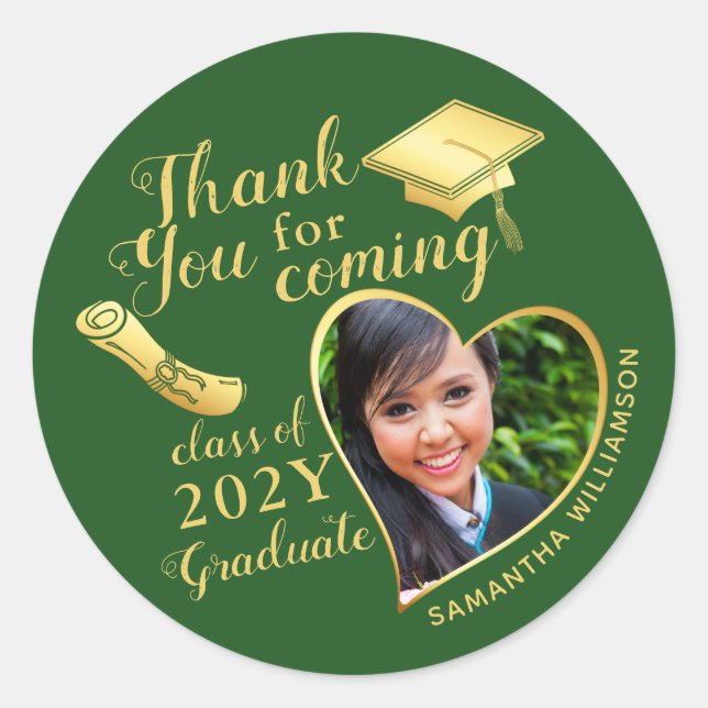 Thank You for Coming Green and Gold Graduation Classic Round Sticker (Front)