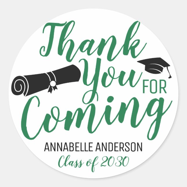 Thank You For Coming Green Graduation Party Favour Classic Round Sticker (Front)