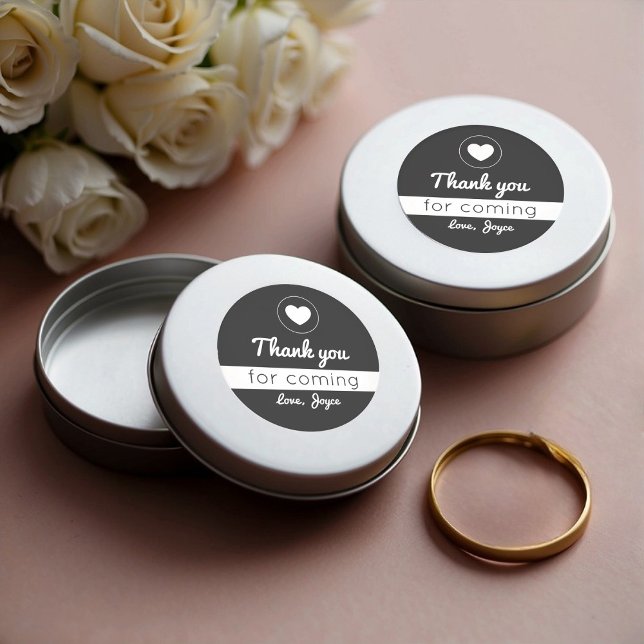 Thank You for Coming Heart Modern White on Black Classic Round Sticker (Thank You Stickers on Favor Tins)