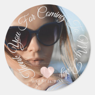 Thank You For Coming Party Date Photo Heart Classic Round Sticker