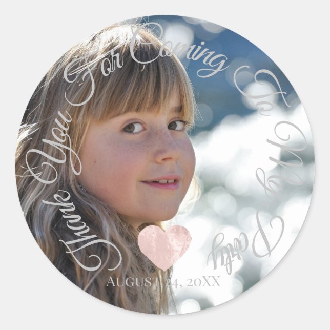 Thank You For Coming Party Date Photo Heart Classic Round Sticker (Front)