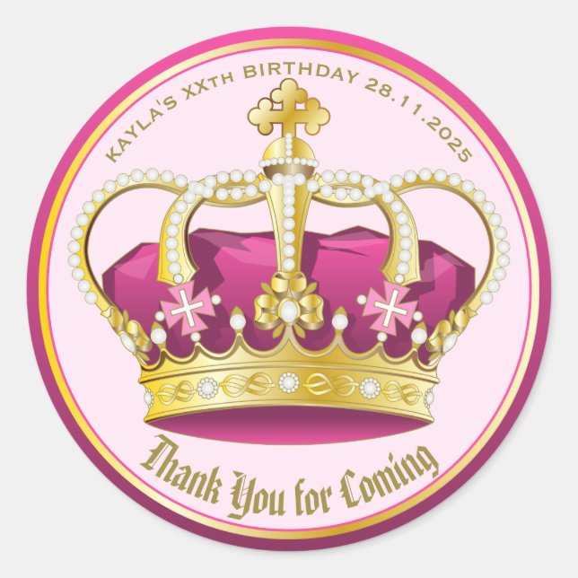 Thank You for Coming Pearl Crown Gold Pink Girly Classic Round Sticker (Front)