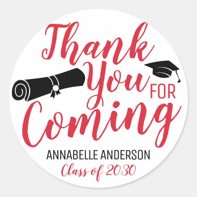 Thank You For Coming Red Graduation Party Favour Classic Round Sticker (Front)