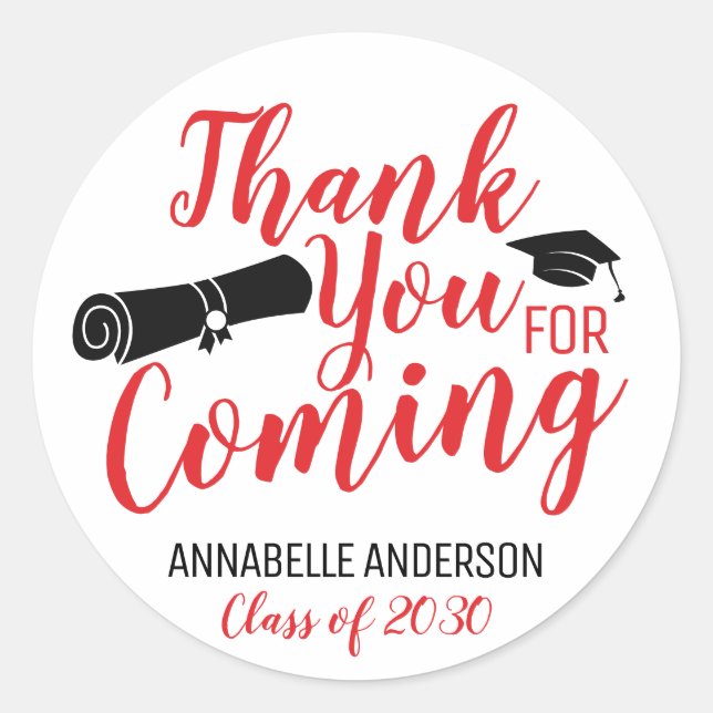 Thank You For Coming Red Graduation Party Favour Classic Round Sticker (Front)