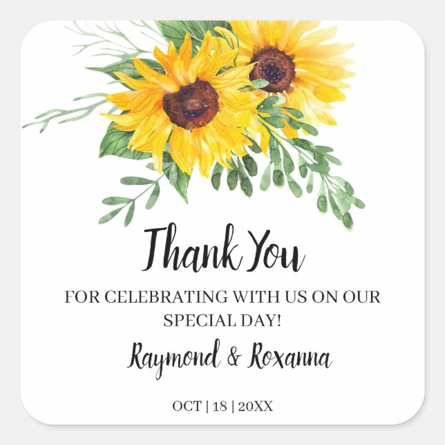 Thank You for Coming Sunflowers Wedding Favour Square Sticker (Front)