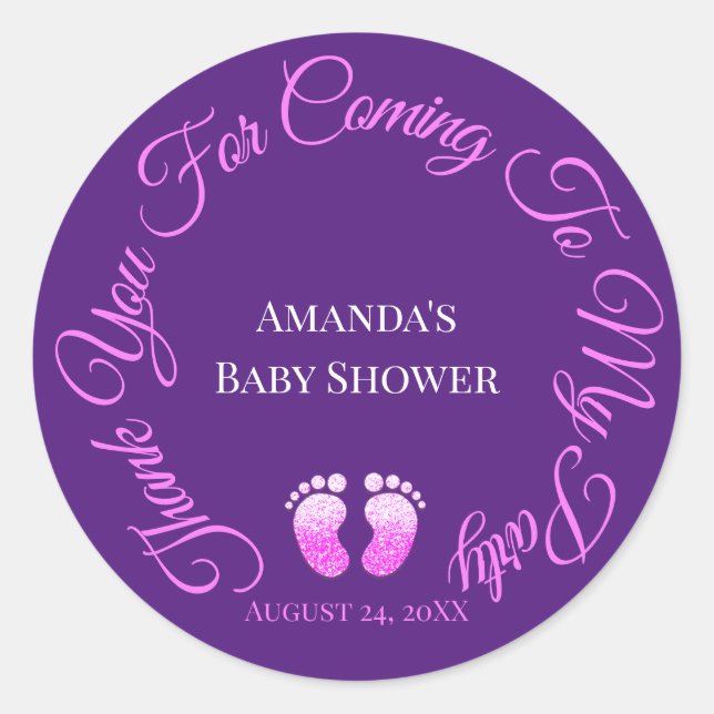 Thank You For Coming To My Party Baby Shower Purpl Classic Round Sticker (Front)