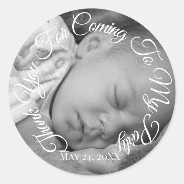 Thank You For Coming To My Party Photo Baby Script Classic Round Sticker (Front)