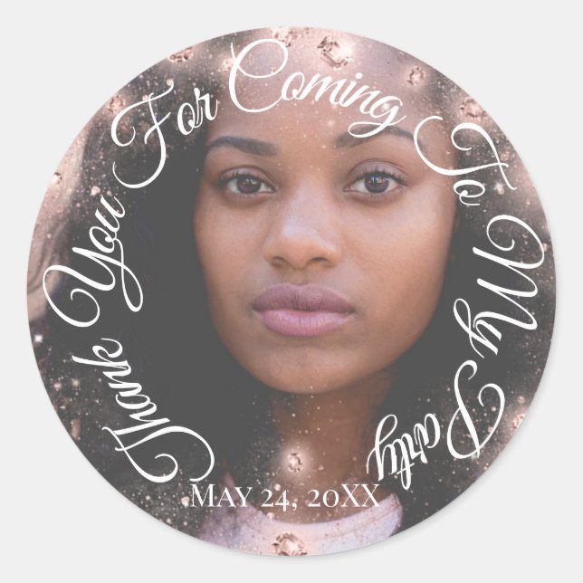 Thank You For Coming To My Party Photo Glitter Classic Round Sticker (Front)