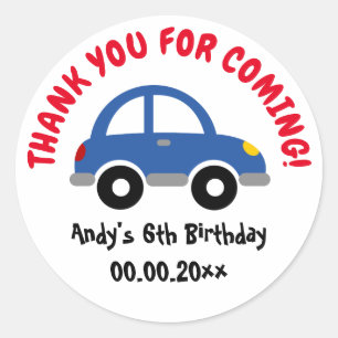 Thank you for coming toy car boy's Birthday party Classic Round Sticker