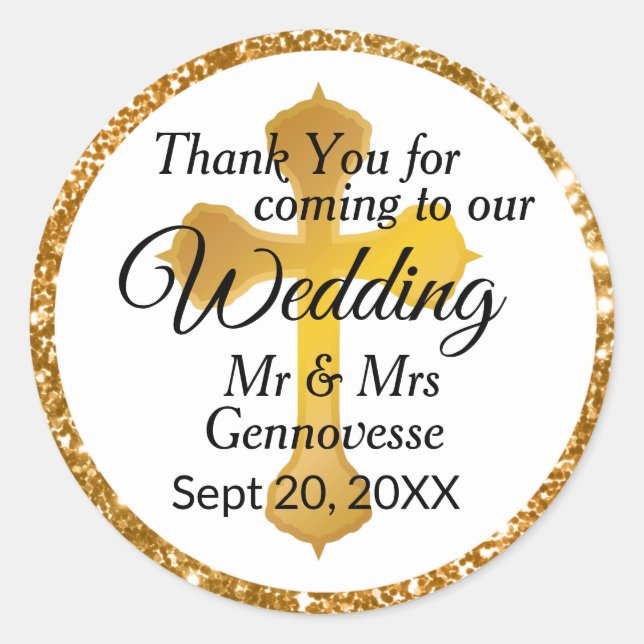 Thank You for Coming Wedding Gold Cross Glitter Classic Round Sticker (Front)