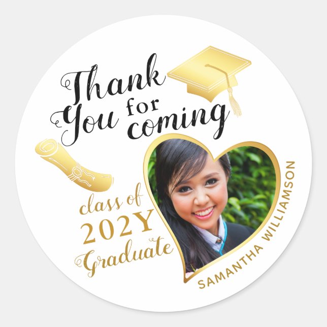 Thank You for Coming White and Gold Graduation Classic Round Sticker (Front)
