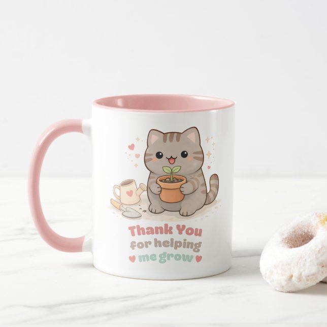 Thank You for Helping Me Grow Cute Cat Sweet Pink Mug (With Donut)