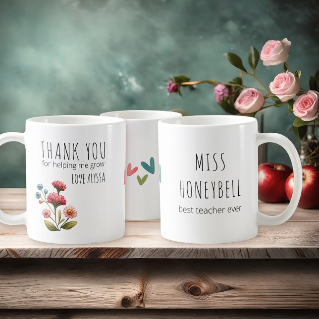 Thank You for helping Me Grow Flowers Teacher Coffee Mug (Thank you for helping me grow, pretty personalized gift mug for school teacher)