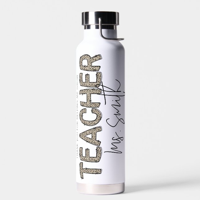 Thank You for Helping Me Grow Leopard Teacher Name Water Bottle (Left)