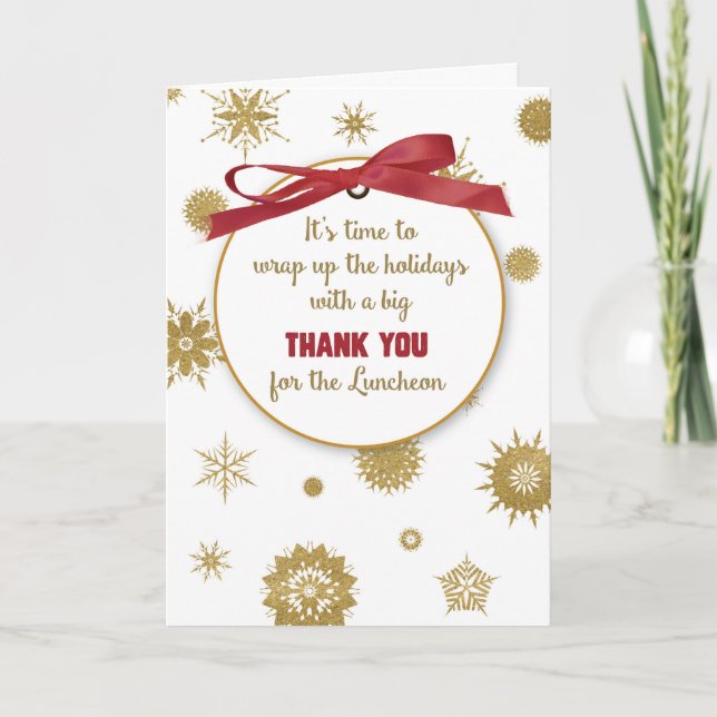 Thank You For Holiday Luncheon Gold Snowflakes Red Card (Front)