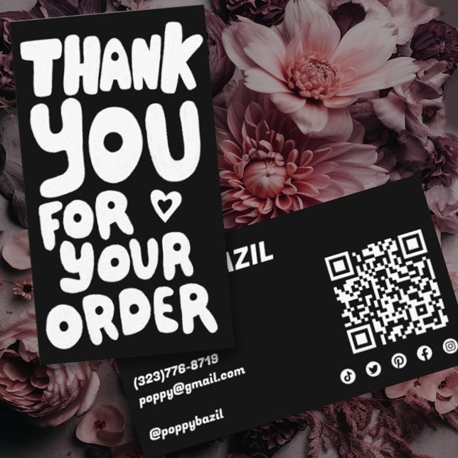 Thank You for Order Social Icons QR Code B&W Business Card (Perfect card to include with customer orders to thank them for their purchase. Handletteting, B&W QR)
