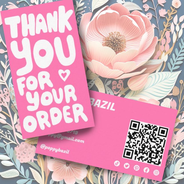 Thank You for Order Social Icons QR Code Pink Business Card (Custom order thank you business card with QR code and social media icons)