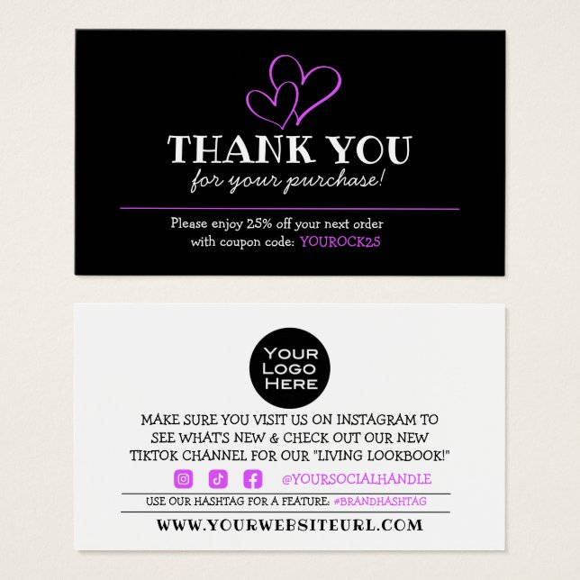 Thank You for Purchase Fuschia Heart Discount Card (Front & Back)
