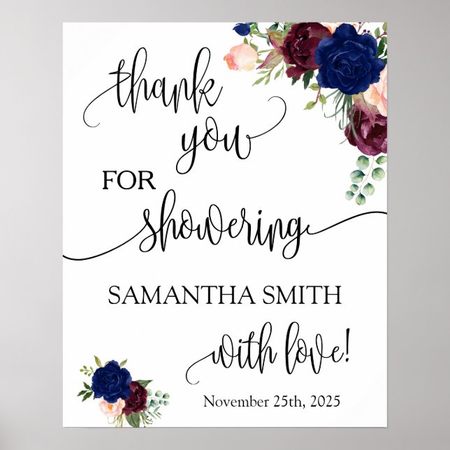Thank you for showering bride to be navy floral poster (Front)
