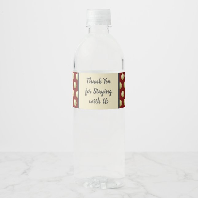 Thank You for Staying with Us Gold Polka Dot Red Water Bottle Label (Front)